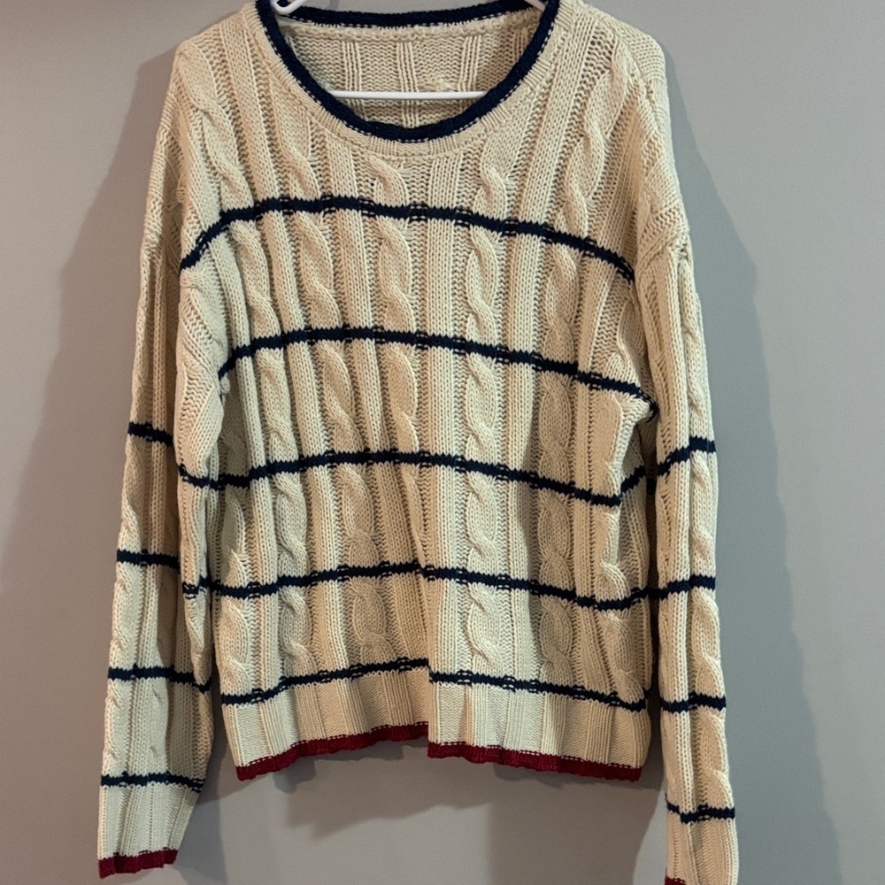 Cider Cable Knit Sweater with Navy and Red Stripes